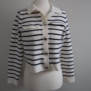 Sezane Cropped Collared Cardigan in White and Navy